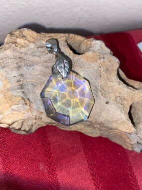 Vintage Iridescent Faceted Crystal Glass Pendant with Leaf Bail